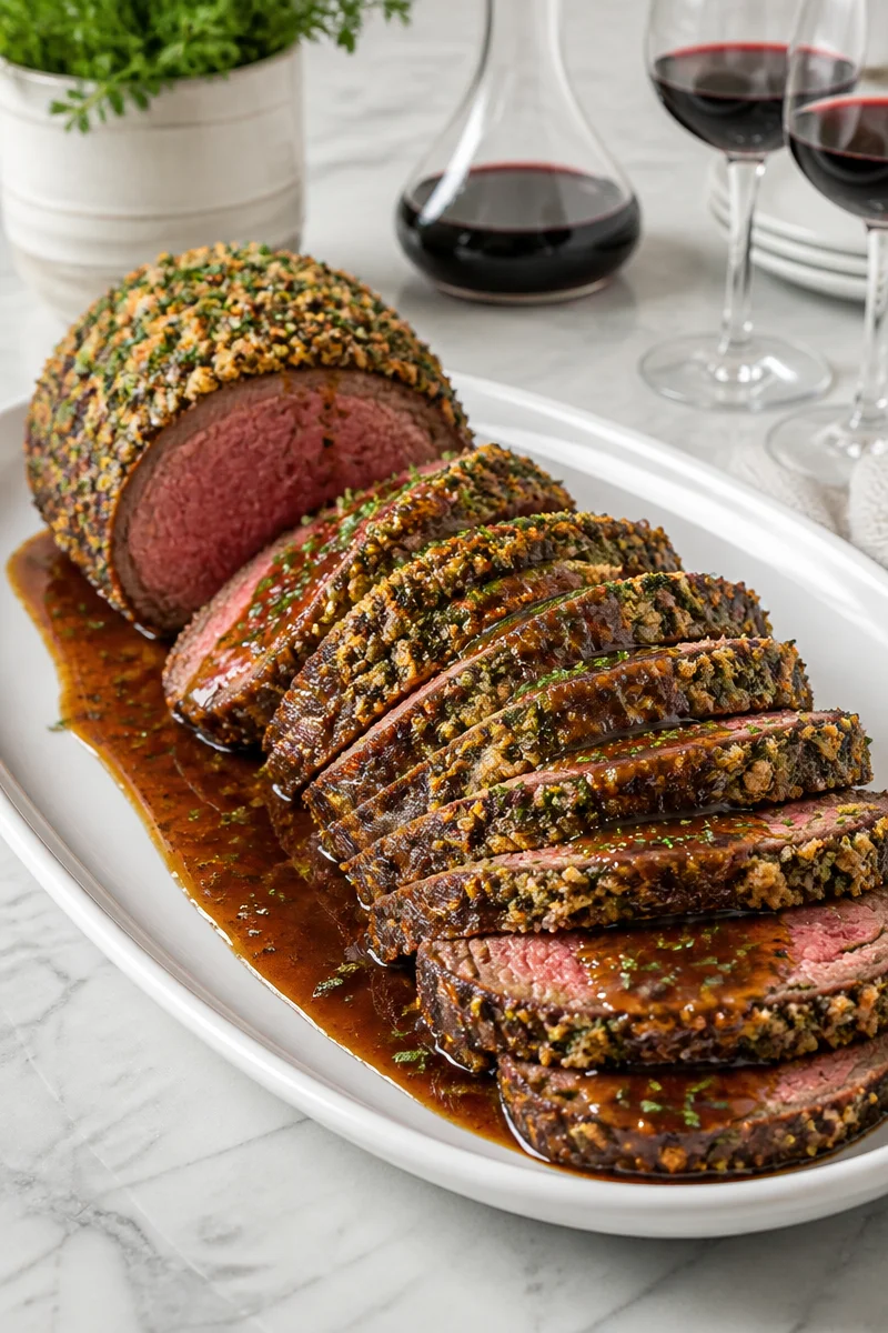 Herb crusted beef tenderloin roast served with sides on a festive table