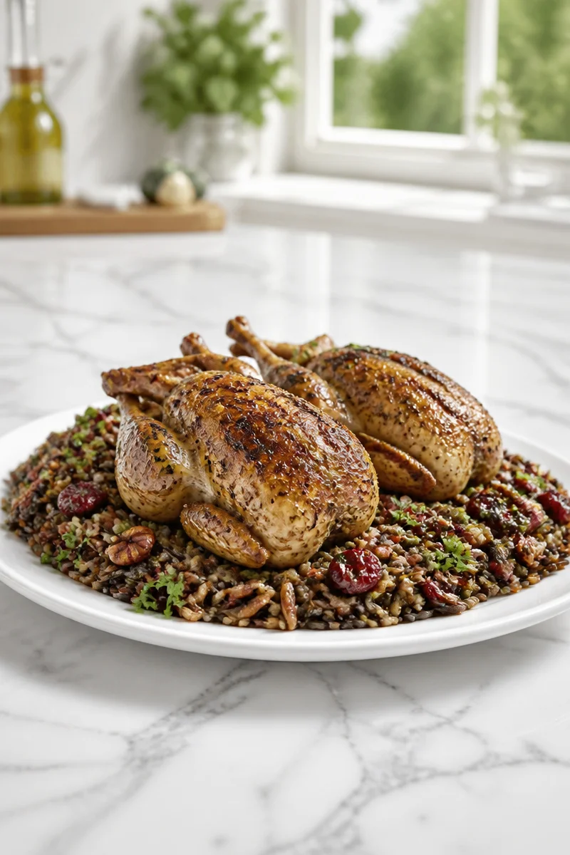 Plated Herb Roasted Quail with wild rice on a gourmet dining table