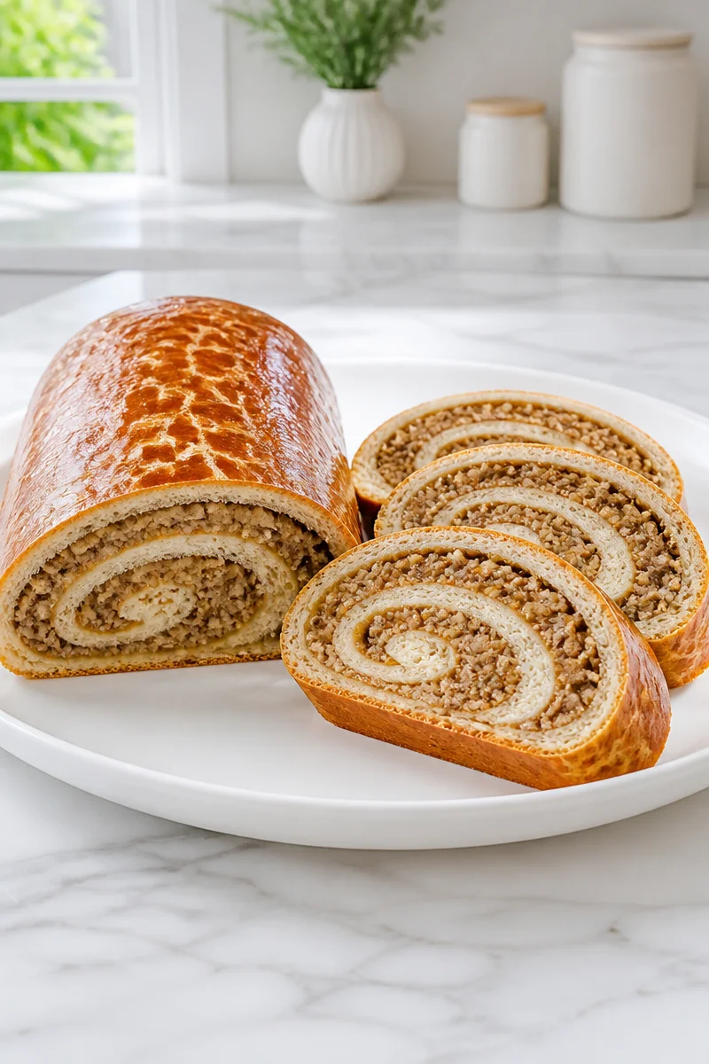 Holiday Hungarian Dios Beigli walnut roll featuring a rich walnut filling.