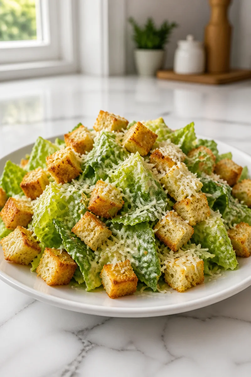Homemade Caesar salad topped with garlic croutons on a wooden table