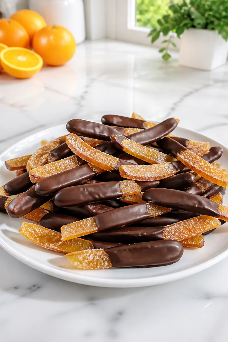 Homemade chocolate dipped candied orange peel on a plate