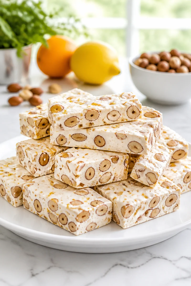 Homemade Italian Torrone Nougat Candy with almonds and honey