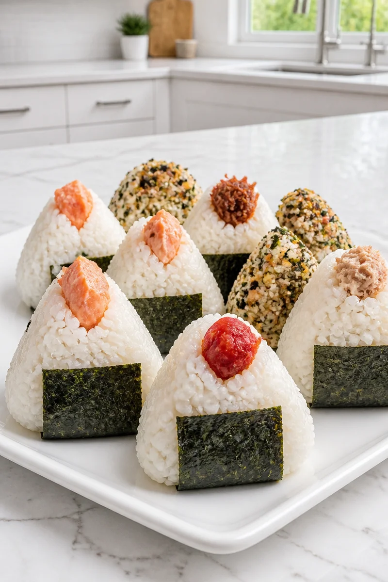 Homemade Japanese onigiri rice balls filled with savory ingredients.