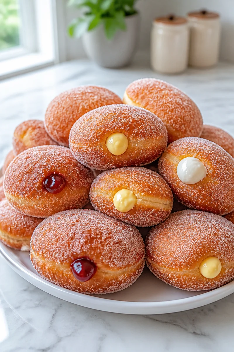 Delicious homemade Maui style malasadas doughnuts dusted with sugar.