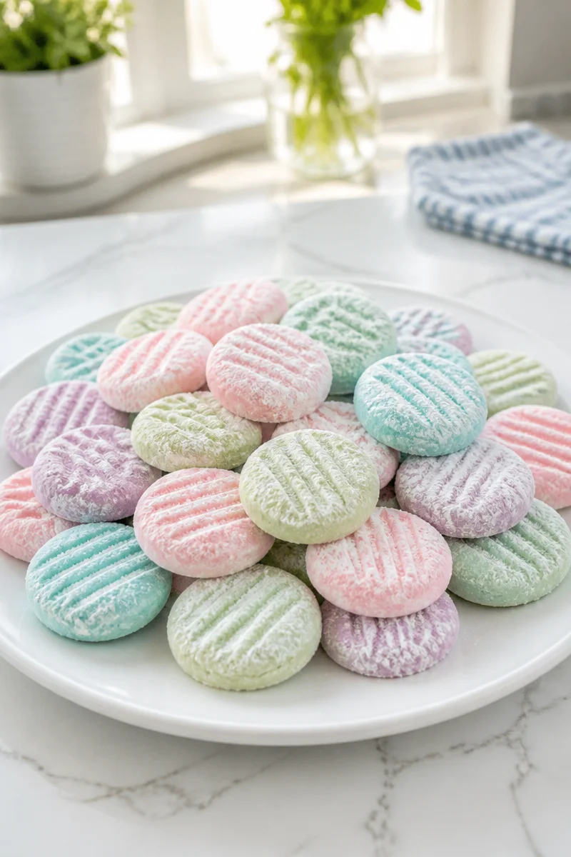 Homemade pastel cream cheese butter mints on a decorative plate.