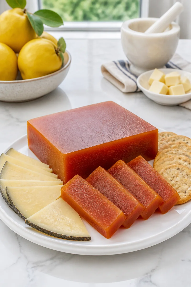 Homemade quince paste membrillo on a cheese platter with fruits