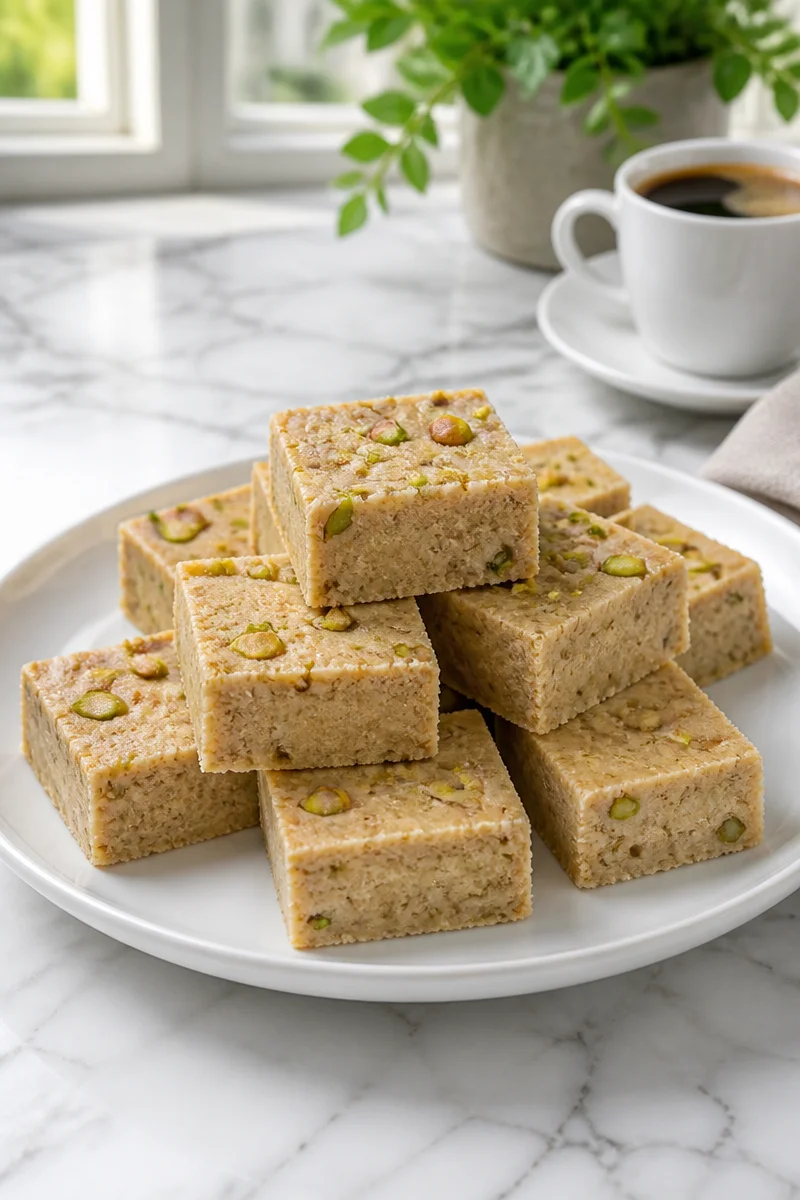 Homemade tahini halva sesame candy squares on a wooden plate