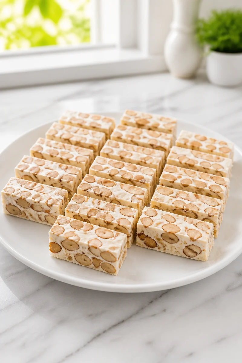 Homemade Turrón de Alicante almond nougat pieces on a wooden table