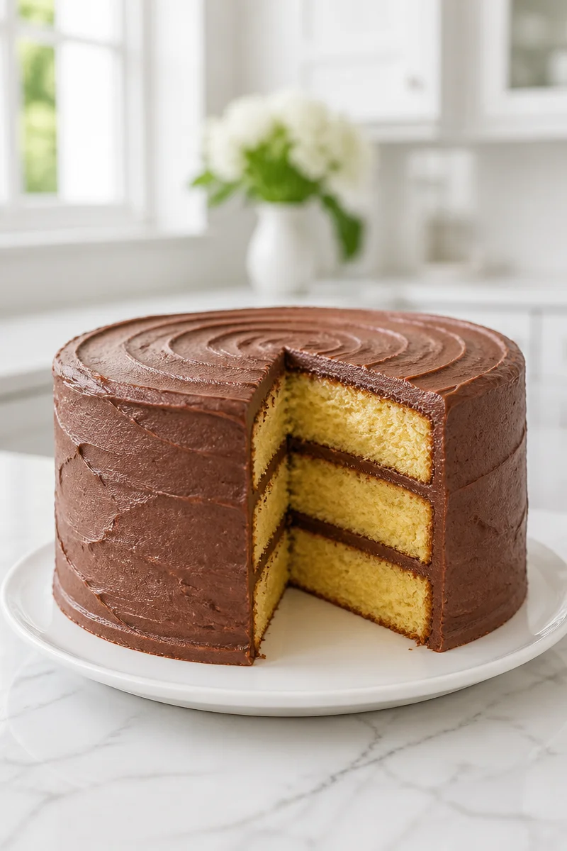 Homemade yellow cake topped with chocolate frosting on a white plate.