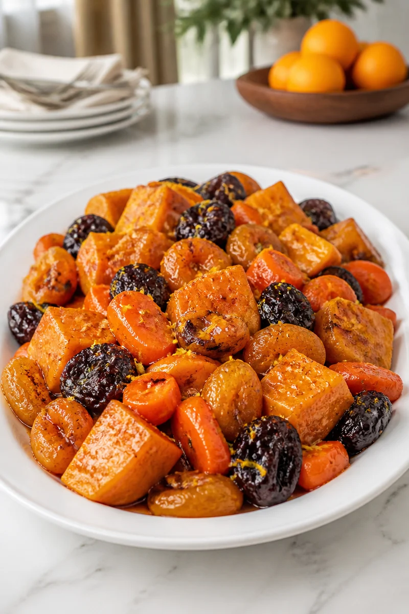 Honey Orange Carrot Sweet Potato Tzimmes dish served in a bowl