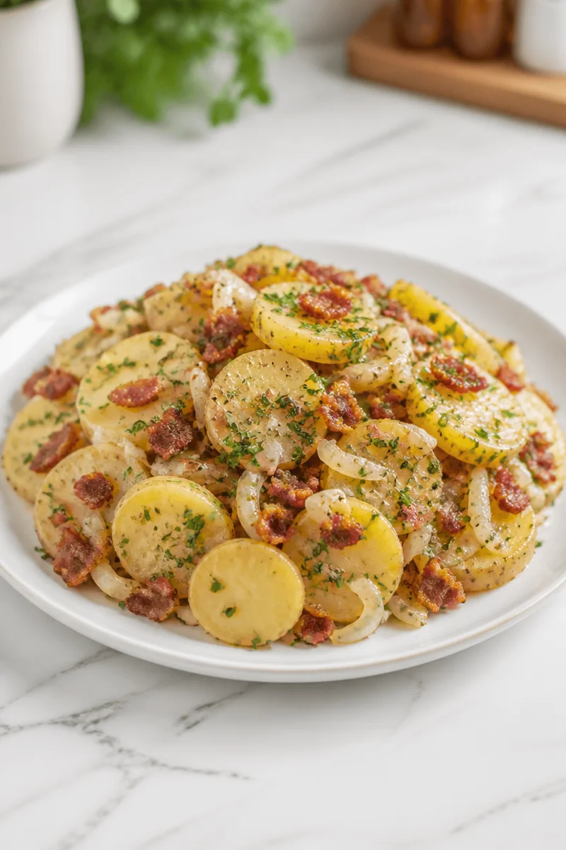Hot German Kartoffelsalat with Bacon Dressing served in a bowl