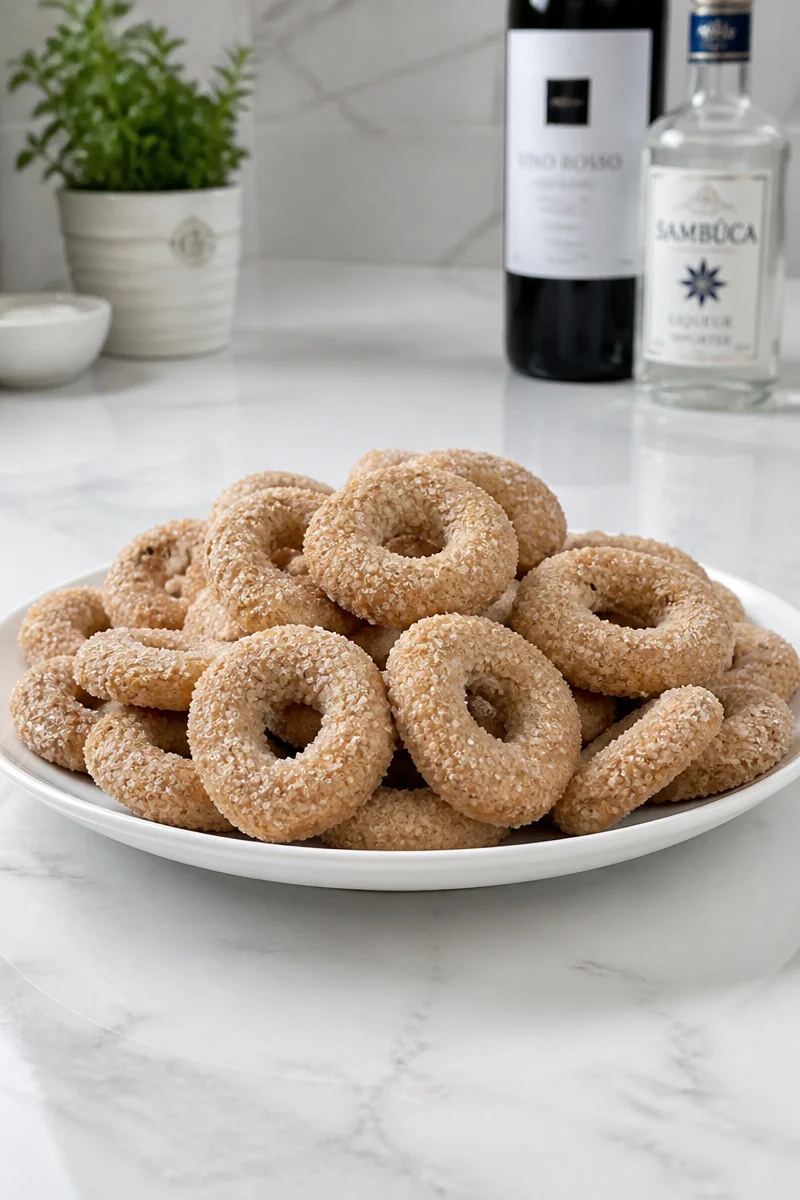Italian Ciambelline al Vino wine cookies arranged on a plate.