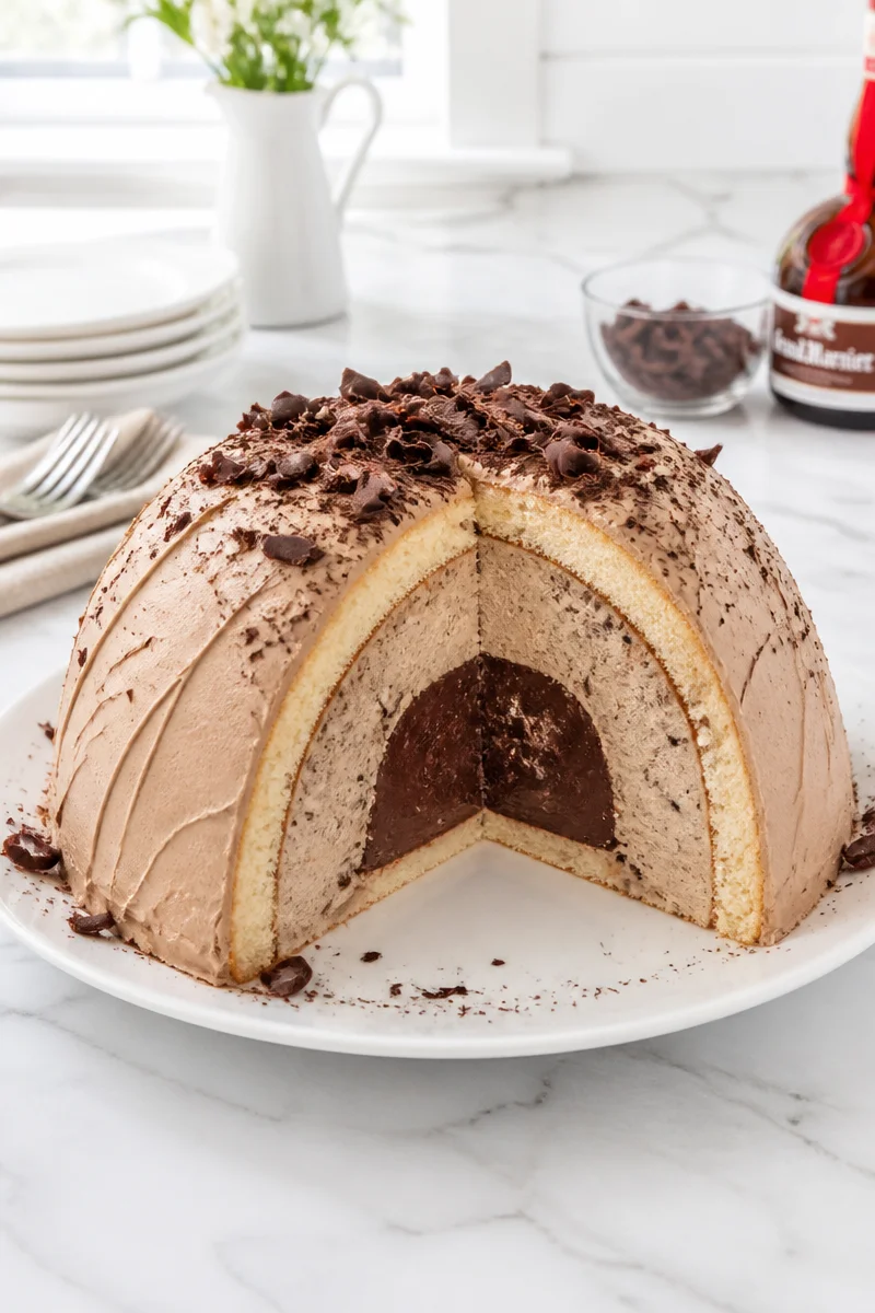 Slice of Italian Zuccotto Cake filled with coffee cream and garnished elegantly.