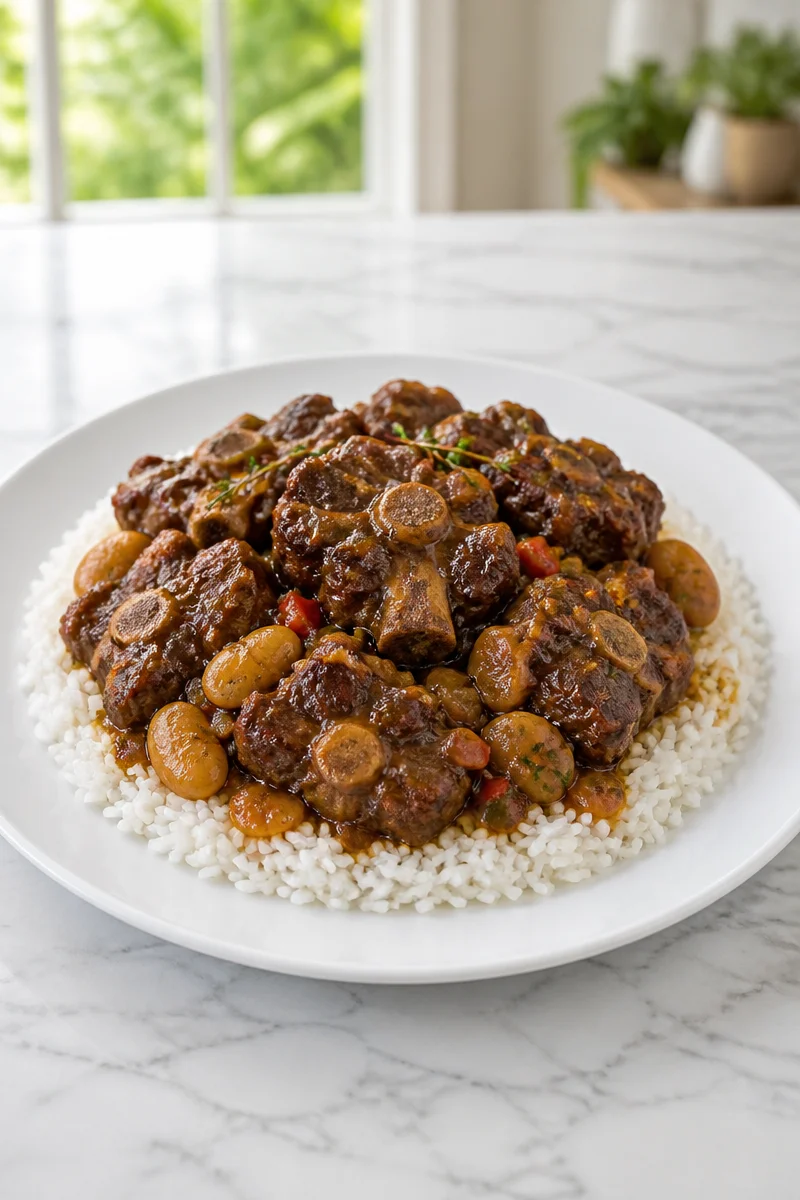 Jamaican oxtail stew with butter beans served in a bowl