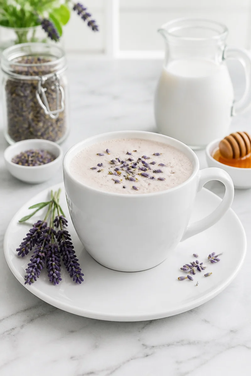 Lavender Earl Grey London Fog Latte in a cozy café setting