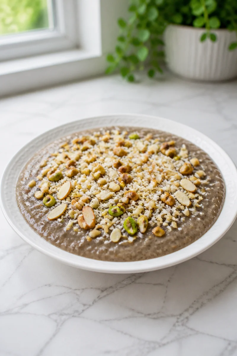 A delicious bowl of Lebanese Meghli Caraway Rice Pudding topped with nuts and cinnamon