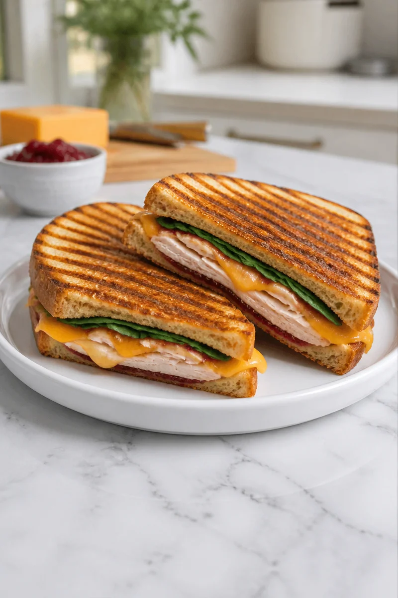 Delicious leftover turkey panini grilled cheese sandwich with crispy edges