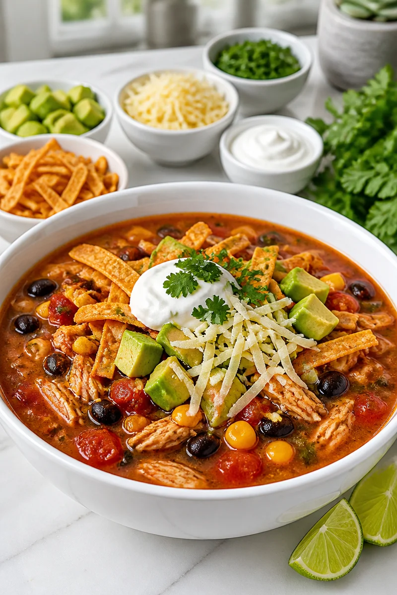 Delicious bowl of leftover turkey tortilla soup topped with fresh ingredients