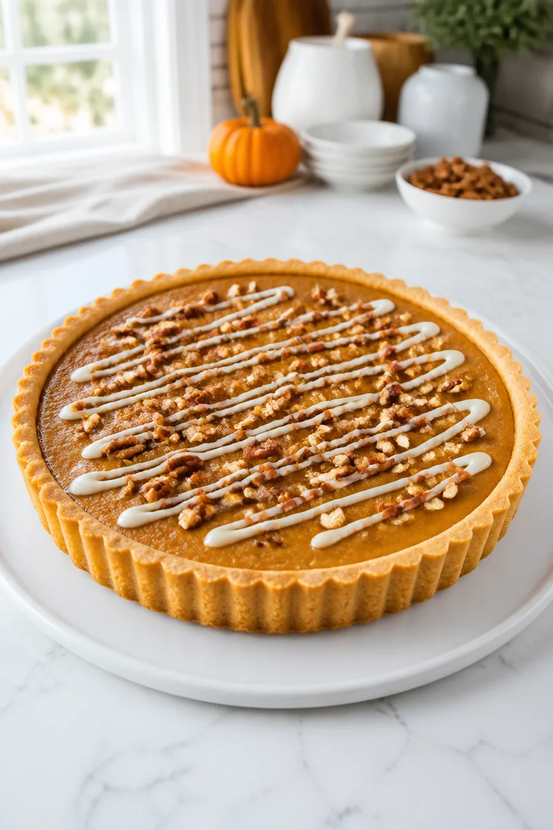 Maple Pumpkin Tart topped with toasted pecans and served on a plate