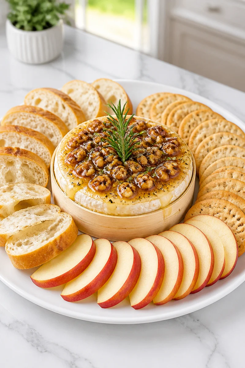 Maple Walnut Baked Camembert Wheel topped with walnuts and maple syrup