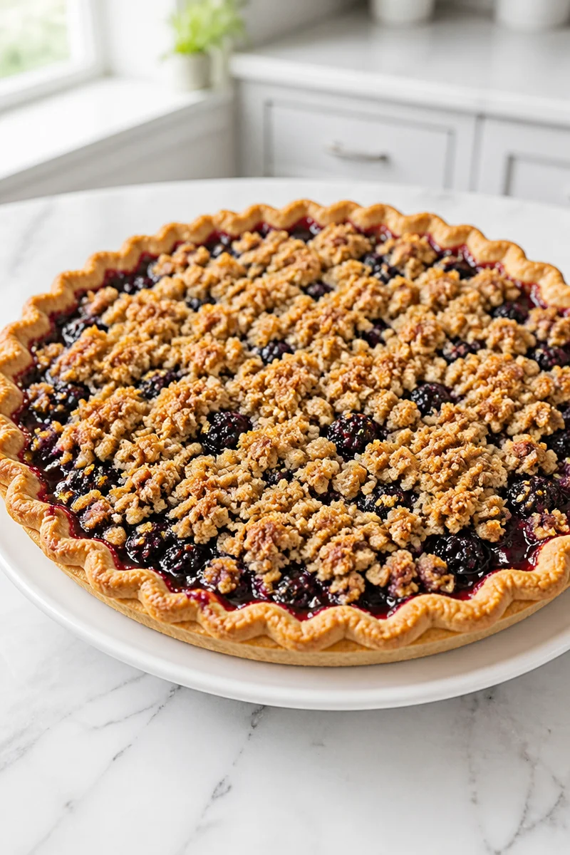 Delicious Marionberry Pie topped with brown sugar crumble crust