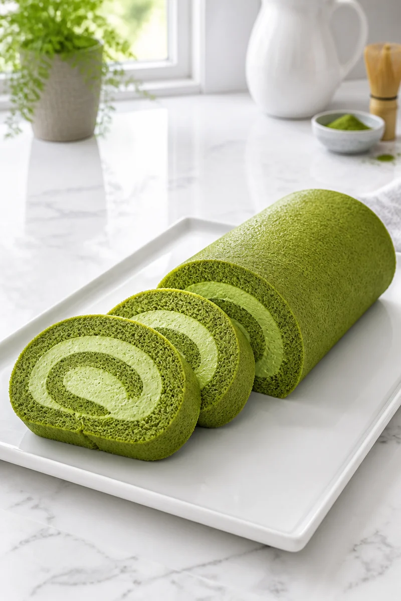 Delicious Matcha Roll Cake topped with Whipped Cream and vibrant green matcha powder