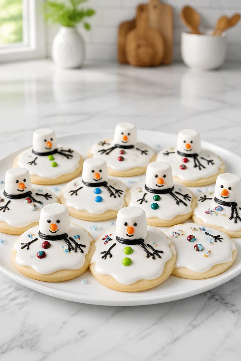 Melted snowman cookie with a marshmallow head, festive holiday treat.