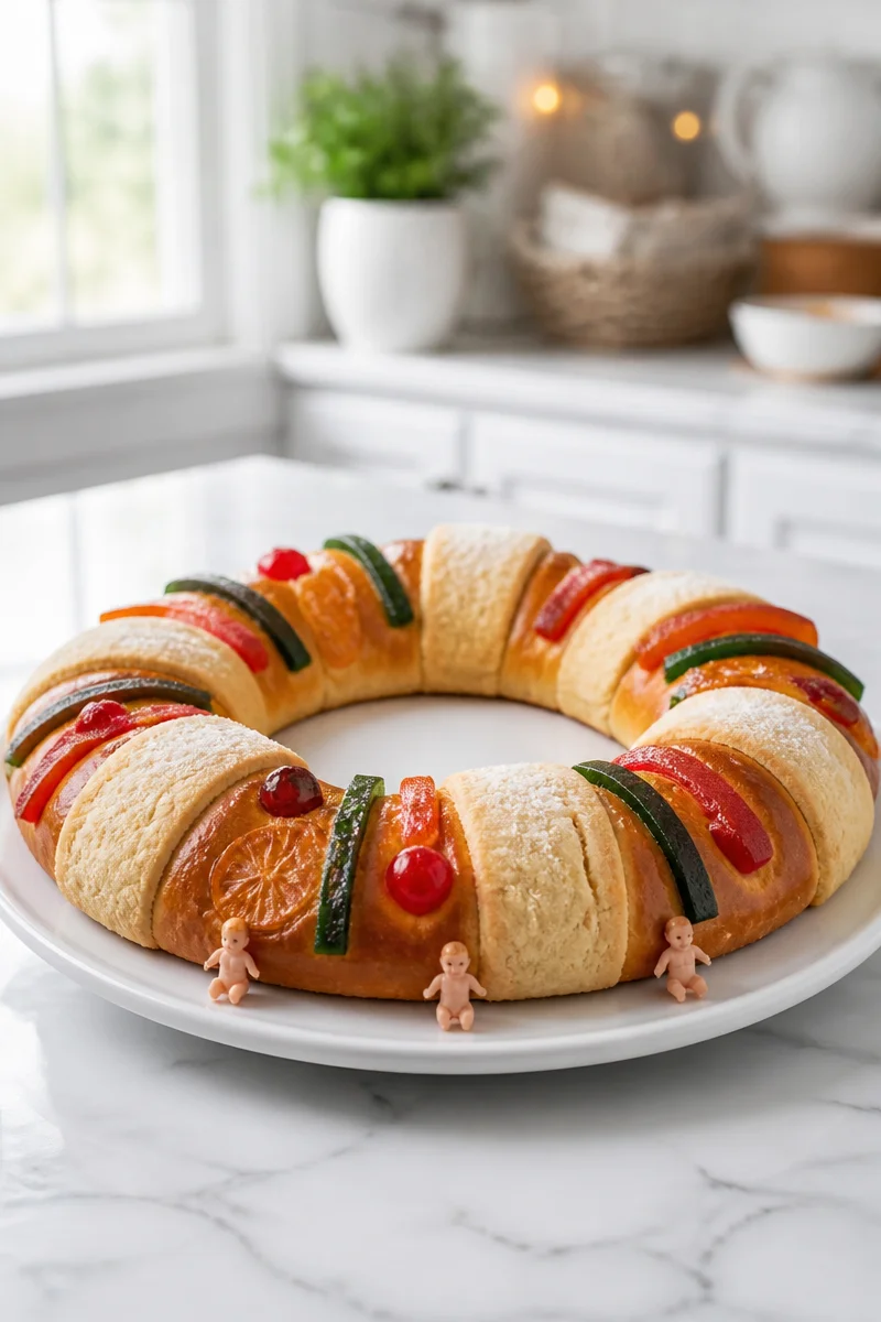 A beautifully decorated Rosca de Reyes, a traditional Mexican Kings Bread for celebrations.