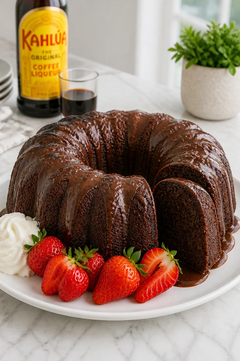 Moist Kahlúa coffee liqueur bundt cake topped with chocolate glaze