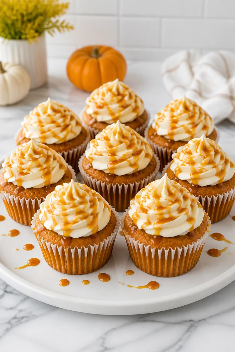 Moist pumpkin cupcakes topped with rich maple frosting on a rustic background.