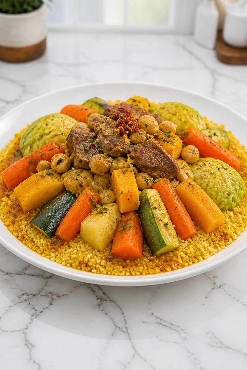 Moroccan Seven Vegetable Couscous with Lamb served in a traditional dish