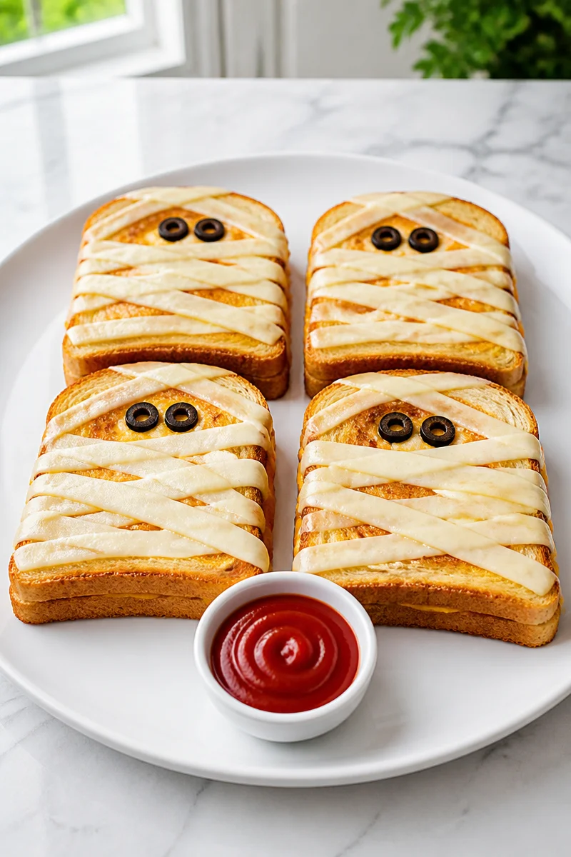 Mummy-themed grilled cheese sandwich with eyes, perfect for Halloween snacks.