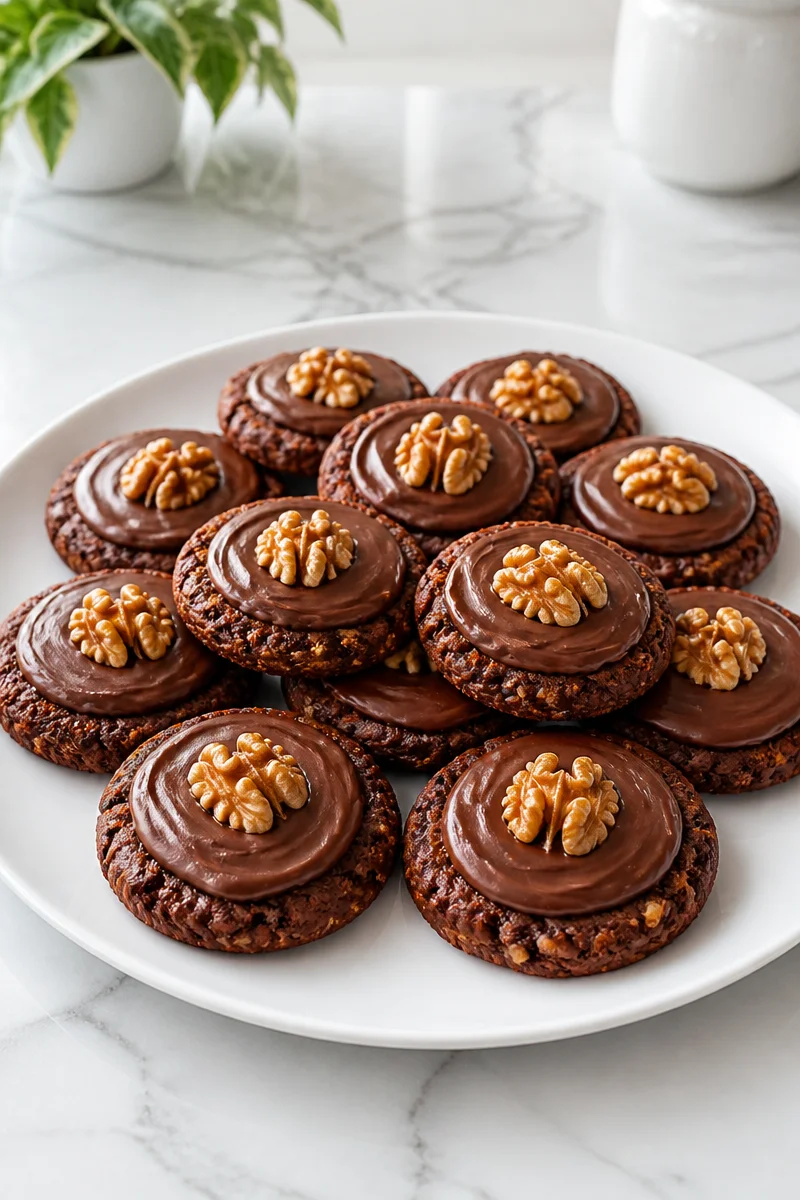 New Zealand Afghan biscuits topped with walnuts and chocolate icing.