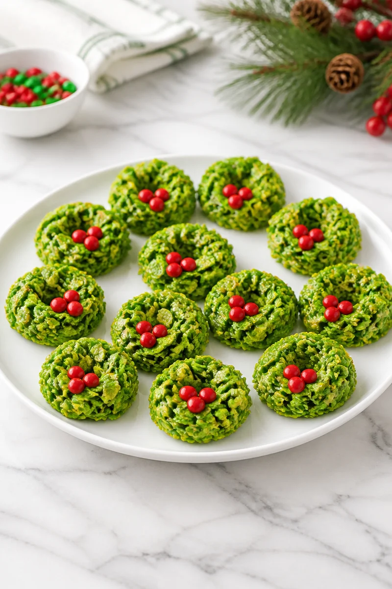 No-Bake Christmas Cornflake Wreath Cookies decorated with festive colors