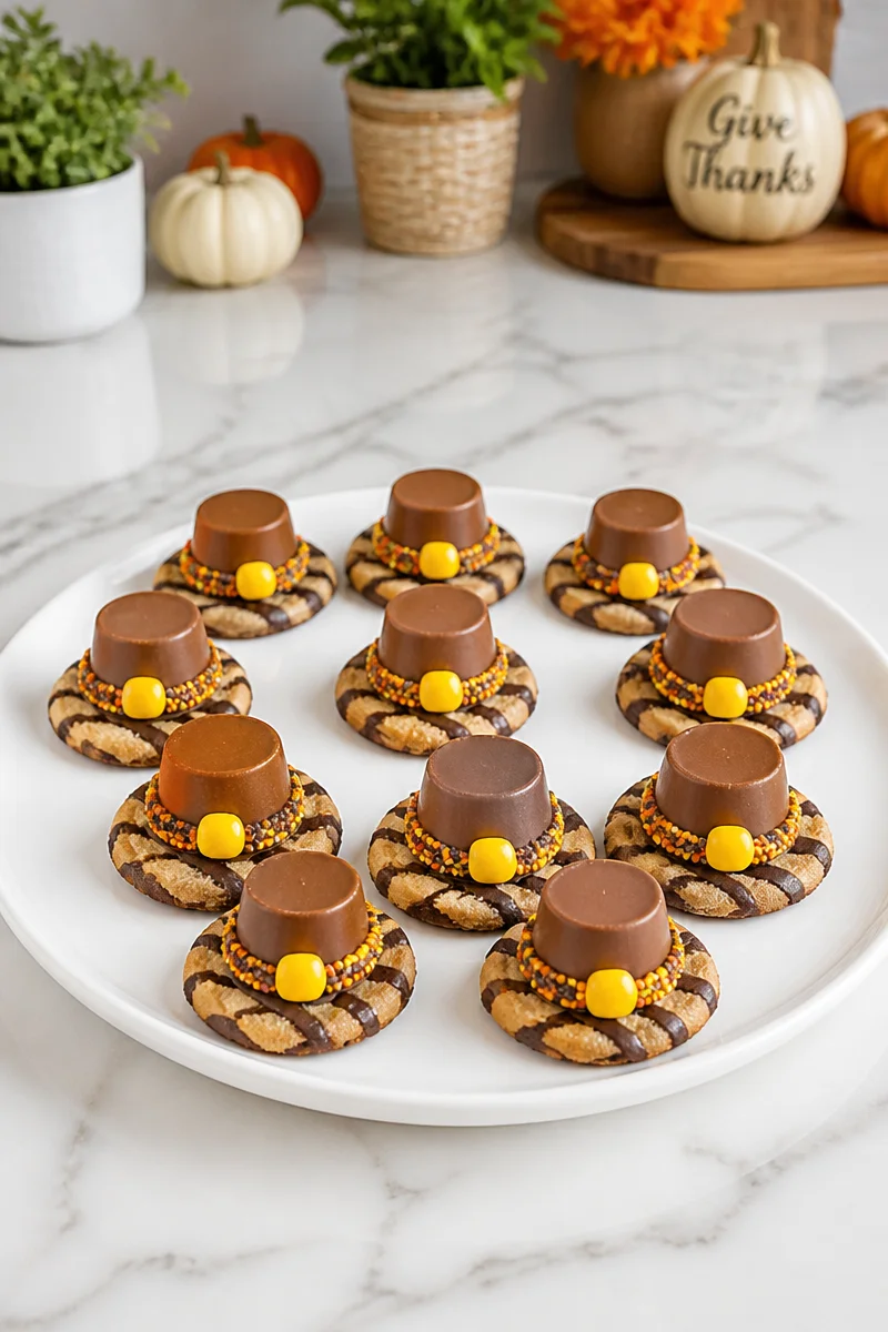 No-Bake Pilgrim Hat Fudge Stripe Cookies on a festive table