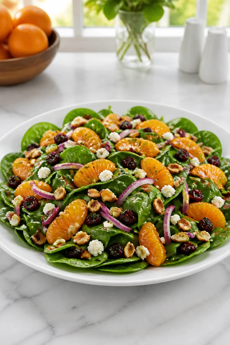 Orange cranberry spinach salad served in a bowl with vibrant colors and fresh ingredients.
