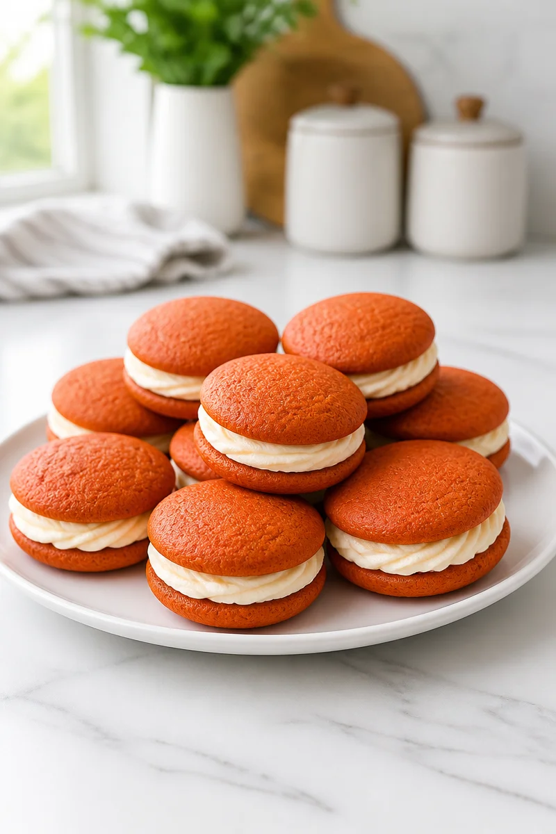 Delicious Orange Velvet Whoopie Pie Bite showcasing vibrant orange filling and soft cookies