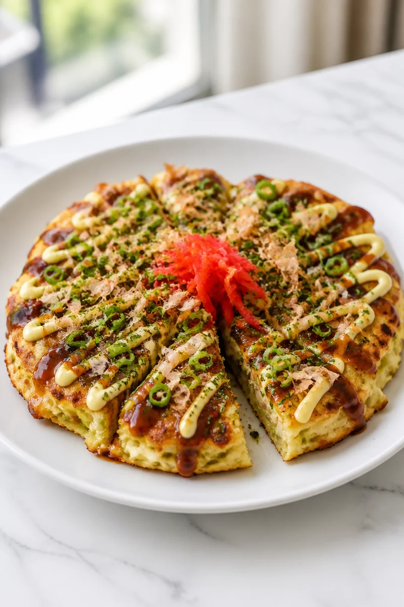 Osaka Style Okonomiyaki cabbage pancake served with toppings