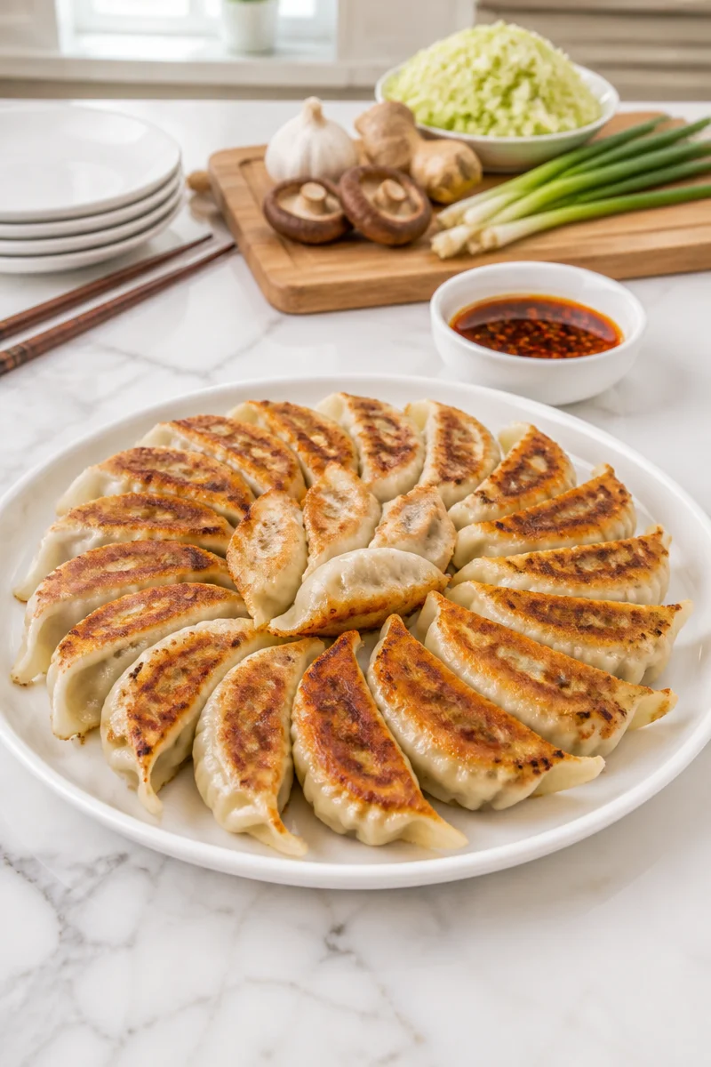 Delicious pan-fried Japanese Pork Gyoza served with dipping sauce