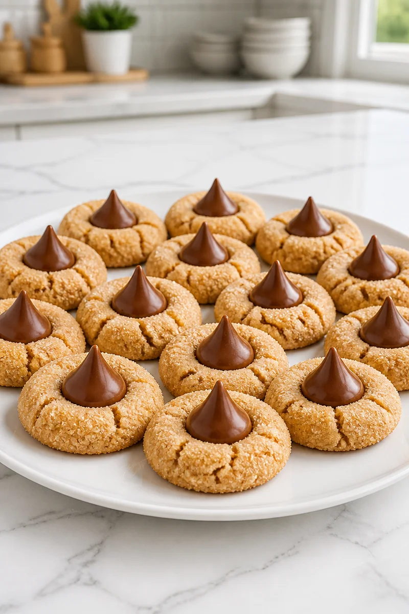 Delicious Peanut Butter Blossom Kiss Cookies with chocolate kisses on top.