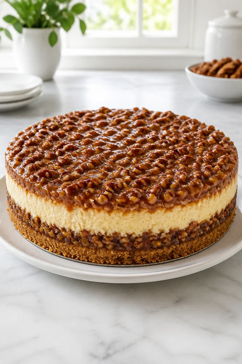 Pecan Pie Cheesecake with praline topping on a decorative plate