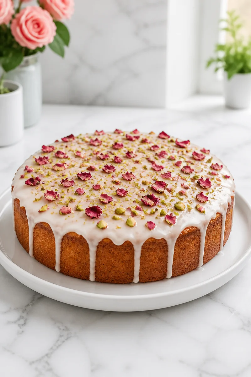 Persian Love Cake topped with a vibrant rose glaze for a sweet finishing touch