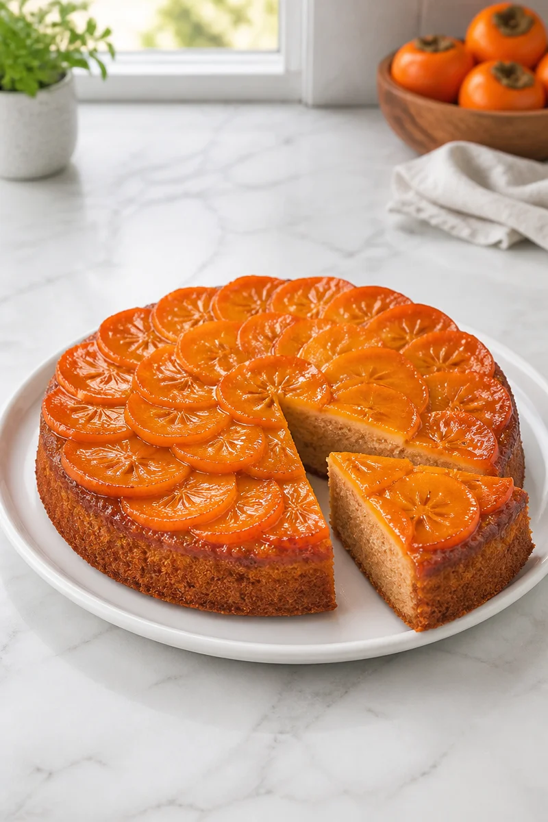 Slice of persimmon upside down cake on a plate with a fork