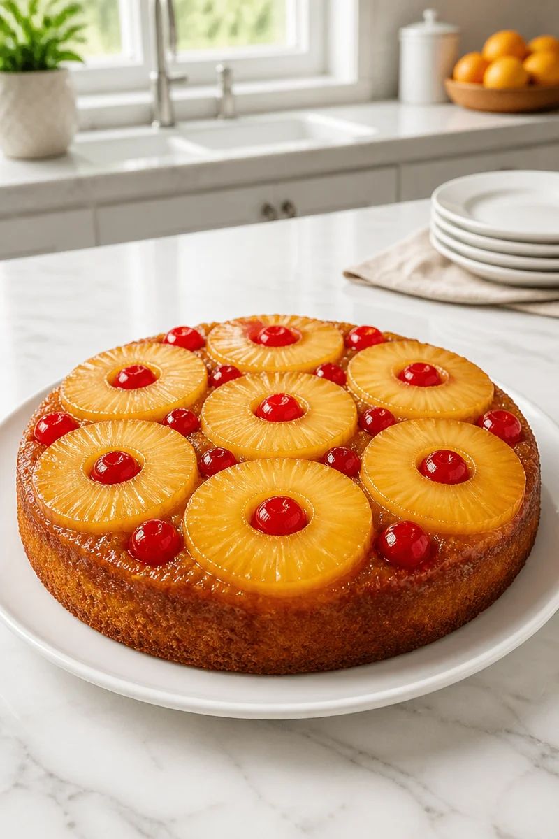 Delicious Pineapple Upside Down Cake with cherries on top