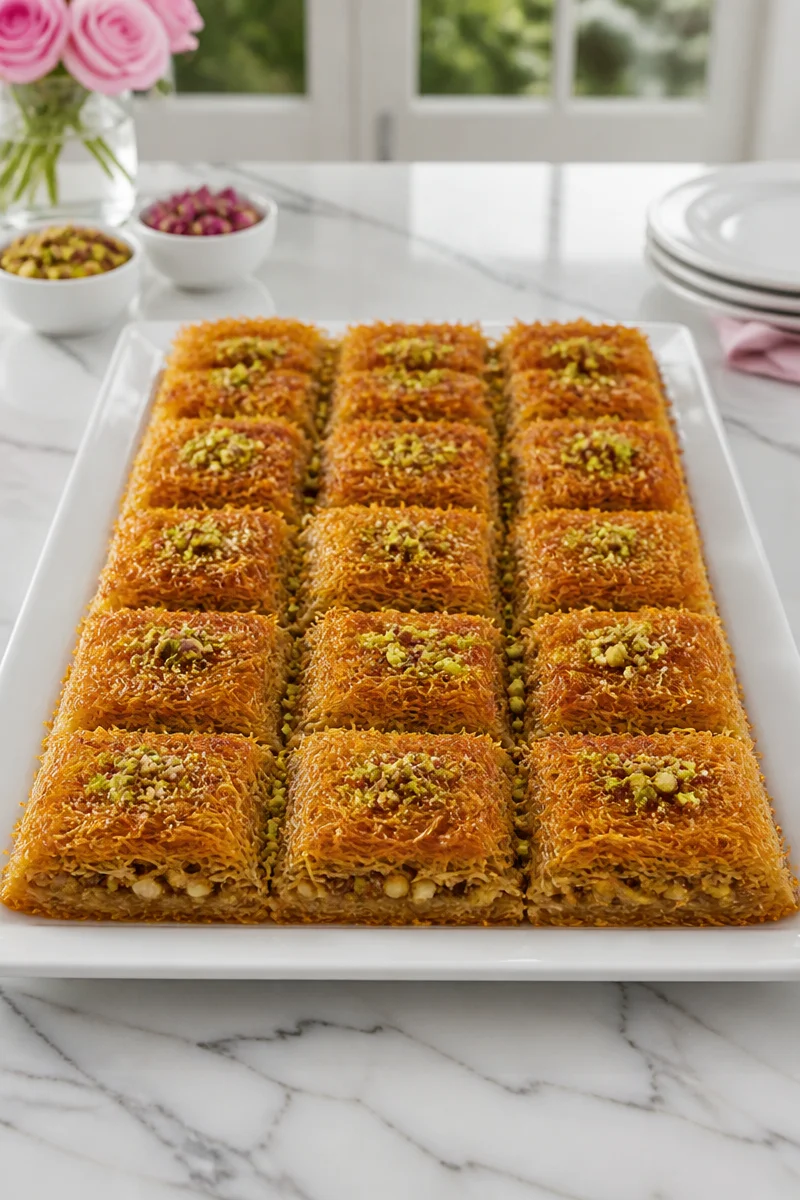 Delicious Pistachio Kadayif topped with honey rose syrup, a sweet Middle Eastern dessert