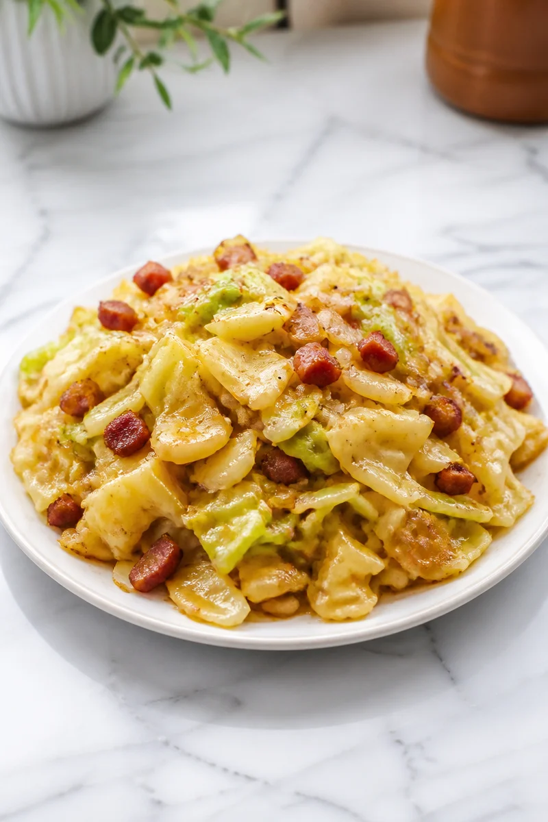 Plate of Polish Haluski with fried cabbage and noodles