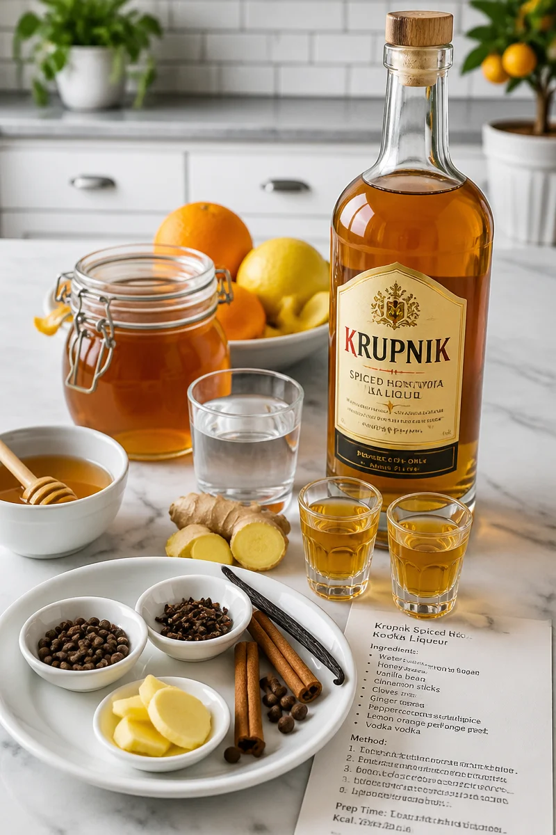 Bottle of Polish Krupnik spiced honey vodka liqueur with a honey dipper