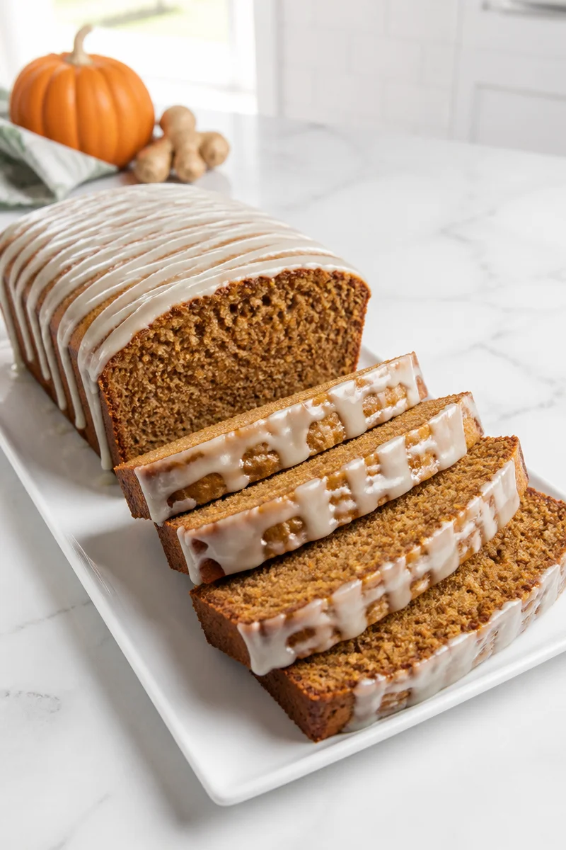 Slice of Pumpkin Gingerbread Loaf Cake on a plate with a decorative background