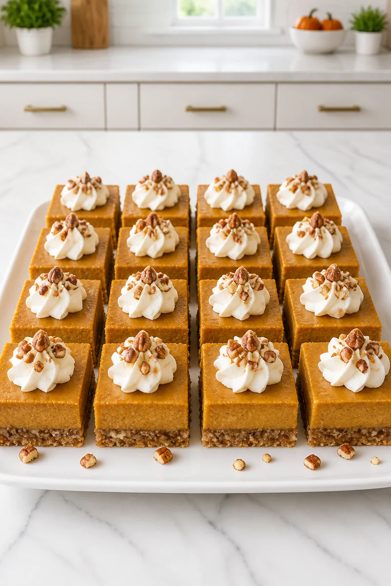 Delicious pumpkin pie bars with pecan crust on a white plate