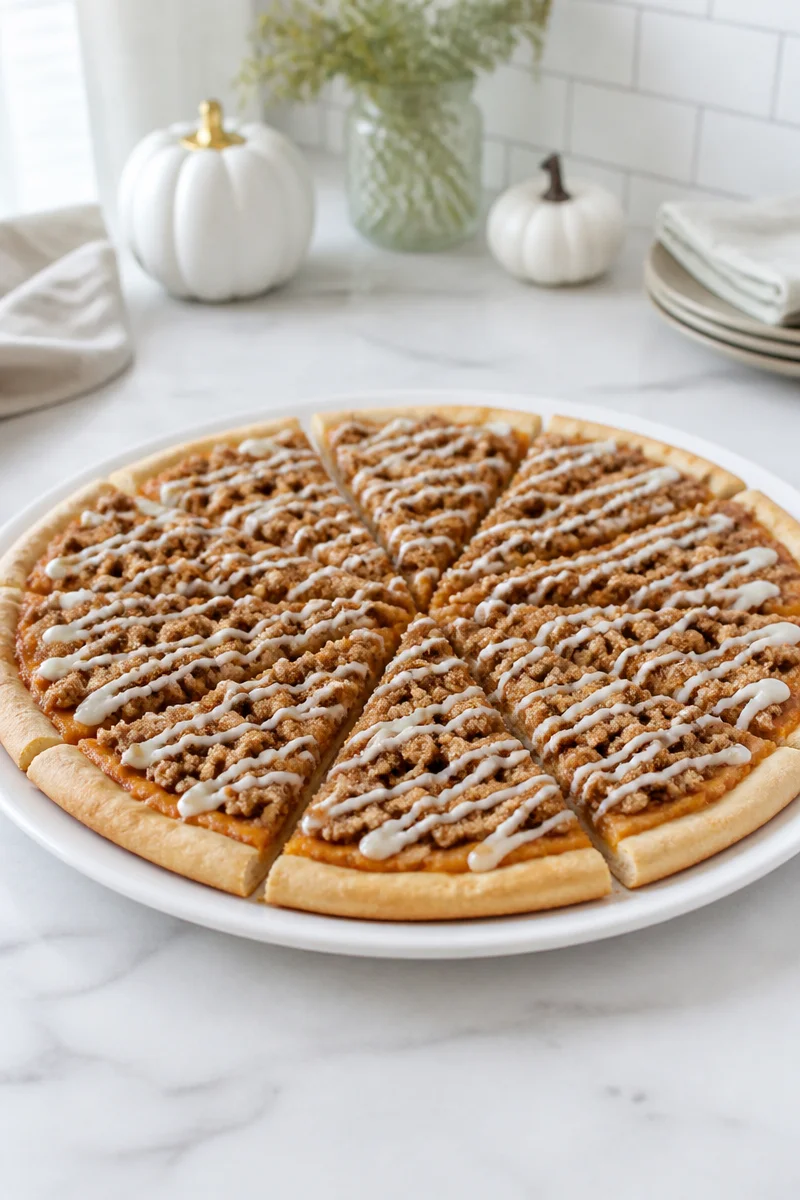 Delicious pumpkin spice dessert pizza with streusel topping on a plate